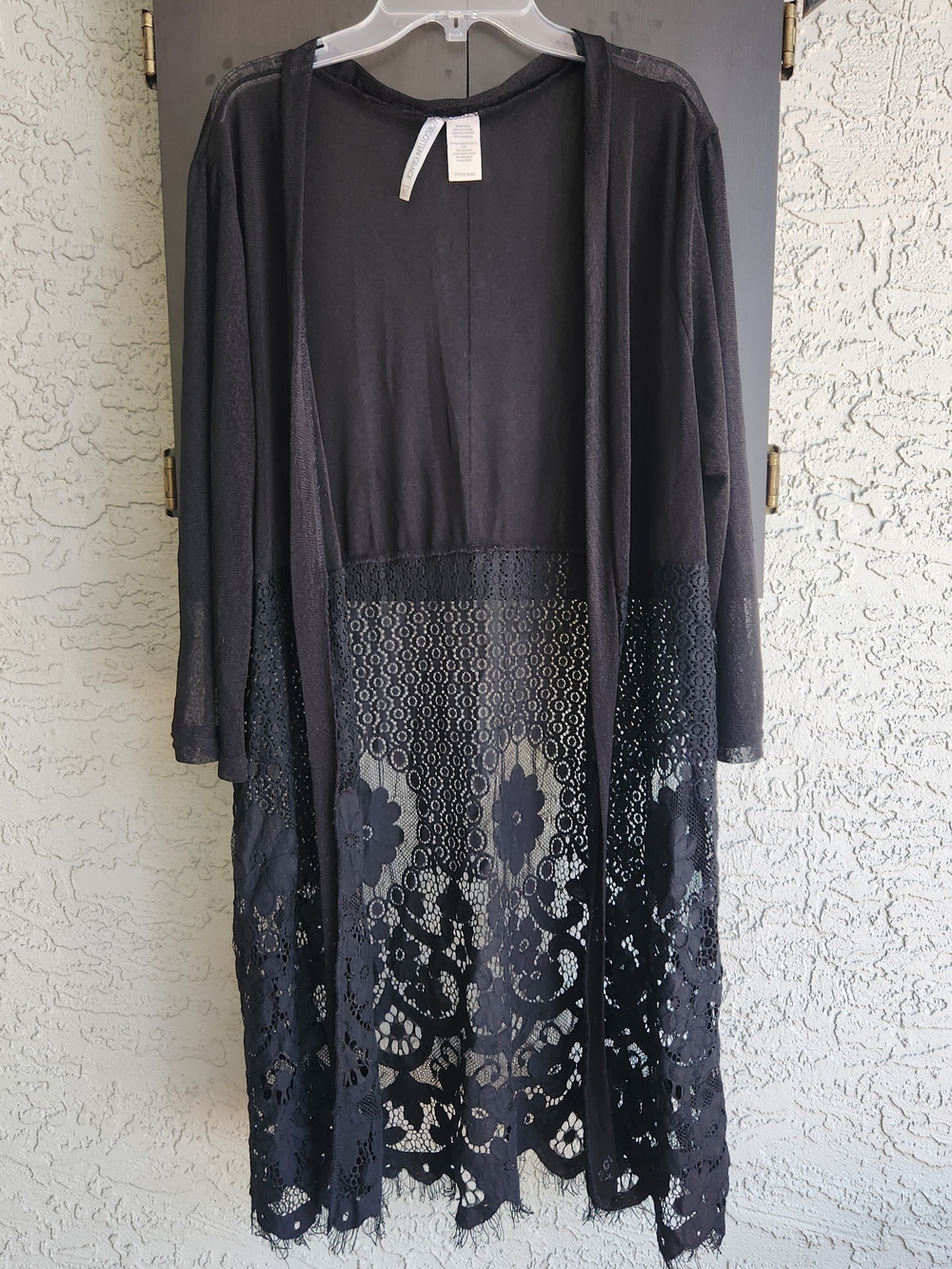 Forgotten Grace Black Lace Duster Cardigan XL Open Front Crochet Trim Mesh Boho